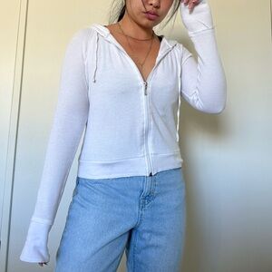 Y2k White Zip-Up waffle knit Hoodie cropped